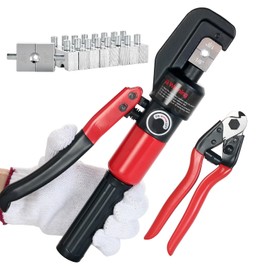 ZUVER Hydraulic Lug Crimping Tool 10 US Ton with Wire Rope Cutter, 9 US Standard Chromed Hexagonal Dies 12, 10, 8, 6, 4, 2, 1/0, 2/0 AWG for Electrical Terminals and 1/8" for Stainless Steel Wire Rope