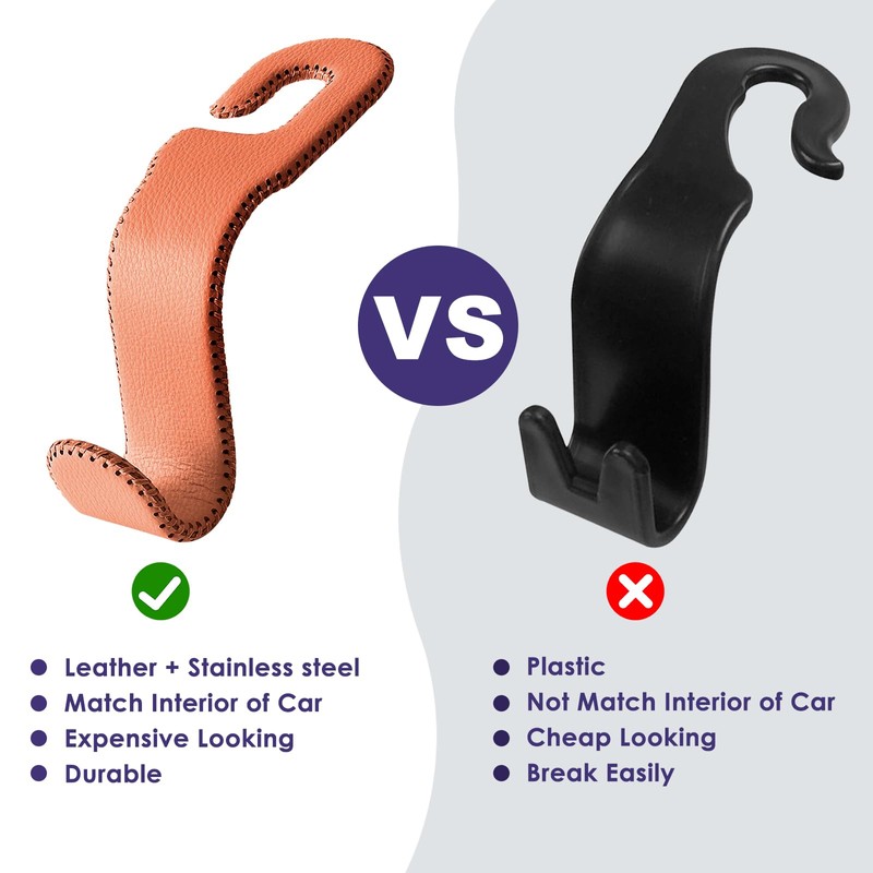 AMVOYOA Leather Hooks for Headrest - Fully Leather-Wrapped U-Shaped Purse
