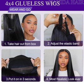 Real Hair Wig, 4x4 HD Lace Front Wig, Human Hair, Pre-Plucked, Straight Wear and Go Glueless Wigs, Human Hair Wigs for Black Women, Natural Black Colour, Wigs, Real Hair, No Glue, 18 Inches (