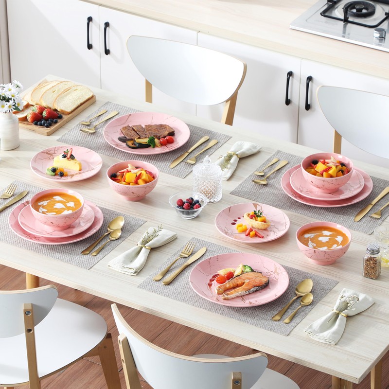 LOVECASA Pink Dinnerware Sets for 4, 12 Piece Porcelain Plates