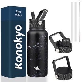 Konokyo - Botella de agua aislada de acero inoxidable con 3 tapas, color mármol medianoche