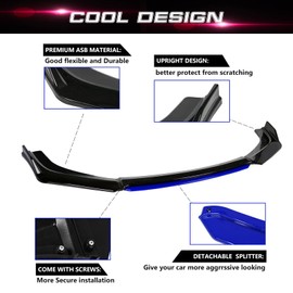 Xotic Tech Front Bumper Lip Chin Spoiler Splitter Diffuser Protector Body Kit with Adjustable 8"-11" Support Rod Compatible with Honda Accord Civic or VW MK5 MK6 MK7 or Kia Optima, Matte Black w/Blue