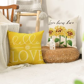 AVOIN colorlife Hello Love Sunflower Bicycle Yellow Throw Pillow Covers, 18 x 18 Inch Flowers Summer Spring Cushion Case for Sofa Couch Set of 4