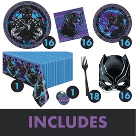 Unique Black Panther Party Supplies | Black Panther Birthday Decorations | Black Panther Wakanda Forever Movie | Serves 16 Guests | Tablecover, Plates, Napkins, Masks, Forks, Button