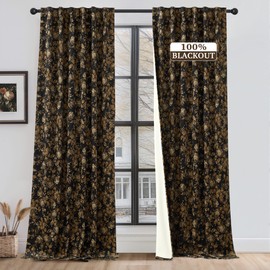 StangH Super Soft Floral 100% Blackout Curtains for Bedroom,Gold Vintage Printed Velvet Curtains with Rose Flower Pattern Energy Efficient Boho Moody Drapes for Sliding Door, W52 x L84, 2 Panels
