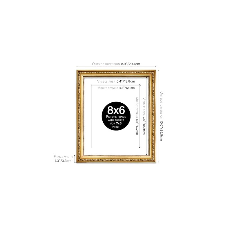 8x6 Gold Ornate Photo Frame With White Mat For 7x5
