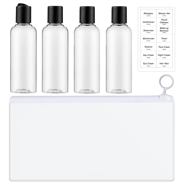 Moguri Pack of 4 100 ml Travel Bottles for Toiletries, Leak-Proof, Empty Plastic Bottle Containers, Includes a Label and Storage Bag