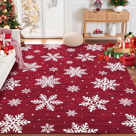 RUGSREAL Christmas Rug Washable Area Rugs 4x6 Rug for Living Room Non Slip Entryway Rug Soft Non Shedding Throw Rugs Stain Resistant Room Decor Carpet for Dining Room Snow|Red 4'x6'