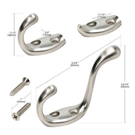 Rok Hardware Heavy Duty Dual Coat Hook, 3-1/2", Brushed Nickel, 10 Pack ROKCH101BN