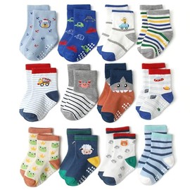 12 Pack Baby Non Slip Socks, Toddlers Kids Soft Cotton Crew Socks with Grippers Non-Skid Ankle Socks for Boys Girls Infant
