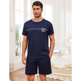 Marvmys Men's Pyjamas Set Mens Short Cotton Pjs Set Loungewear Nightwear Round Neck T-Shirt and Shorty Bottoms with Pockets S-XXL Navy Blue