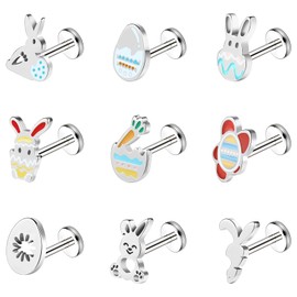 BodyAce 16G Easter Labret Studs Lip Bars, Stainless Steel Flat Back Earrings for Women, Cute Helix Tragus Piercings Easter Eggs Bunny Medusa Jewellery [BL:6mm]