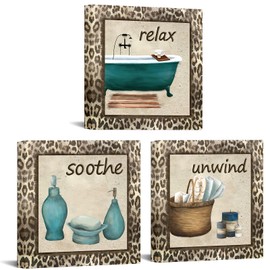 DuoBaorom Bathroom Decor Leopard Print Canvas Wall Art Accessories Relax Unwind Sign Bathtub Picture