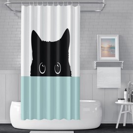 Funny Black Cat Shower Curtain Sets 72x72 Inch Cute Pet Kitten Watching You White Double color matching Polyester Kids Bathroom Decor Waterproof Durable Fabric Shower Curtains with 12 Hooks