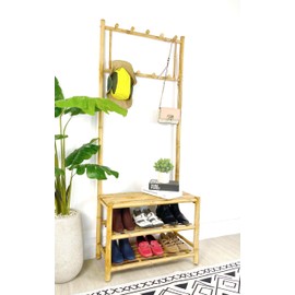 ZEW Bamboo 3-in-1 Hall Tree Shoe Rack with Bench Shoe Storage for Entryway