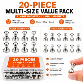 20 Pcs Multi-Size Magnetic Tacks for Whiteboard and Fridge, Heavy Duty Neodymium Push Pin Magnets Set (8 Large & 12 Small), No-Trace Map Pins for Office Classroom Décor