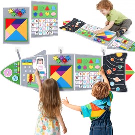 Joyibay Montessori Busy Board for Toddlers 3-6 Years, Rocket Sensory Wall Toy with 12+ Fine Motor Activities, Foldable Felt Sensory Activity Board, Wall Mounted Space Theme Learning Toy for Kids
