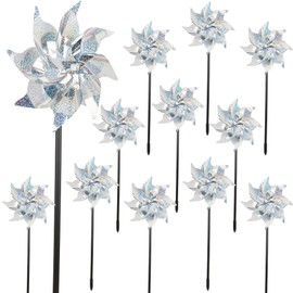winemana 12 Pcs Reflective Pinwheels Outdoor, Wind Spinners for Yard & Garden, Sparkly Bird Repellent Windmill Scare Birds Away, Deterrent Devices for Outside Patio Lawn Spring Decor (Silver)