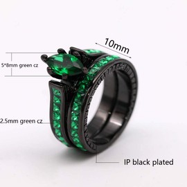 ringheart His and Her Couple Rings Black Matching Ring 1.5ct Green CZ Women Wedding Ring Sets for Him and Her, Metal crystal rhinestone stone, Cubic Zirconia