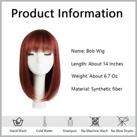 HSPJHTM Auburn Bob Wigs,Short Bob Hair Wigs 14" Straight with Flat Bangs Synthetic Colorful Cosplay Daily Party Wig for Women Natural (Free Wig Cap)