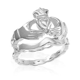 High Polish 925 Sterling Silver Two-Piece Claddagh Engagement and Wedding Ring Set (Size 6.75)