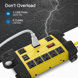 CCCEI Heavy Duty Power Strip with USB, Workshop 8 Outlet Surge Protector 2700 Joules, Industrial Metal 15Amp Power Strip, 6FT Extension Cord and Wide Spaced. Yellow