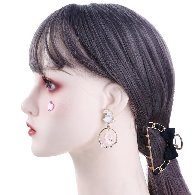 Leadigol 4 Pair Rabbit Drop Earring,Cute Enamel Dangle Earrings Moon