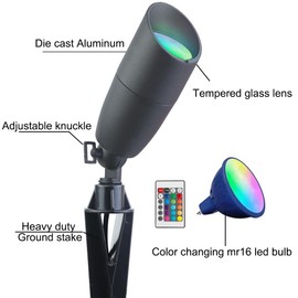 Cheopha MR16 Color Changing Led Bulb 12 Volt Landscape Lighting, RGB Landscape Lighting 5W 16 Colors, Weatherproof Aluminum Outdoor Landscaping Lights for Garden Backyard Front Door Spotlight 2-Pack