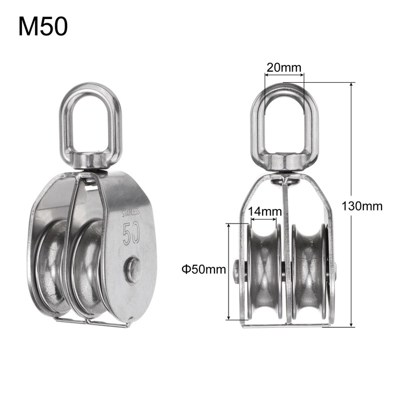 sourcing map M50 Double Pulley Block, Stainless Steel Swivel Rigging