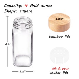 Churboro Replacement Glass Spice Jars with Bamboo Lids- 4 oz Square Spice Jars