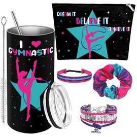 BOLLBAY 5 Pcs Gymnastics Gifts for Girls, 12oz Gymnastics Water Bottle, Gymnastics Scrunchies, Gymnastics Headband & Zipper Pouch, Gymnast Party Favors for Ages 8 and older