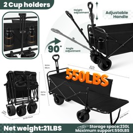 Wagons Carts Foldable 550lbs Weight Capacity Collapsible Wagon Openable 230L Carts with Wheels Lightweight & Portable Shopping Cart for Shopping, Sports, Camping, Beach and Garden Black