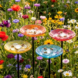 Zhehao 4 Pcs Glass Bee Watering Station with Colorful Marbles, Butterfly Bath Cups Hummingbird Drinking Cups, Outdoor Pollinator Garden Decoration for Yard Patio Outside