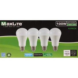 Maxlite LED Dimmable 4 Pack A19 Bulb 100W Daylight 5000K, White