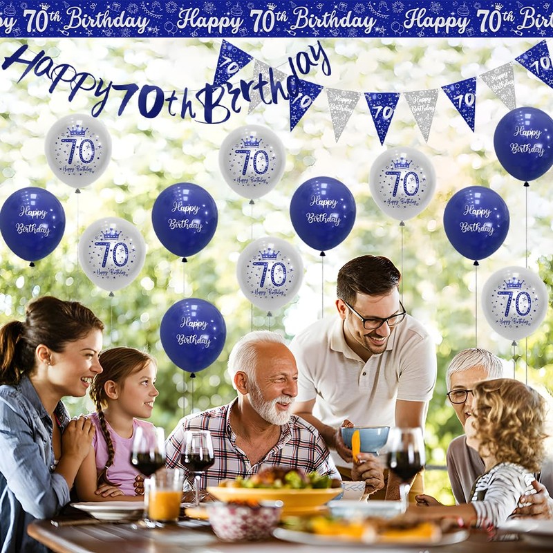 Mens 70th Birthday Decorations - Blue, Silver & Navy Happy