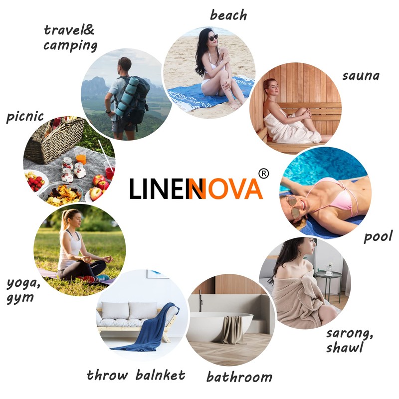 LINENOVA 100% Cotton Turkish Beach Towel 180x100cm, Sand Free Quick