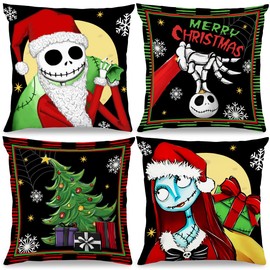 Haiyumaoyi Christmas Pillow Cover Nightmare Christmas Decorative Throw Pillow Covers 18 x 18 Set of 4, Jack Skellington Merry Christmas Pillowcase Home Decoration for Sofa Bedroom Decor