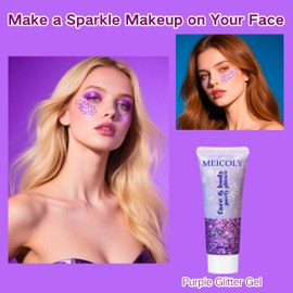 MEICOLY Purple Face Body Glitter,Mermaid Sequins Hair Glitter Makeup,Sparkly Face Glitter for Women and Kids,Chunky Glitter for Festival Rave Accessories,50ml