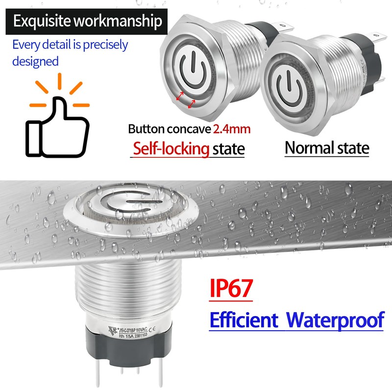 15 Amp 19mm 3/4'' Momentary Push Button Switch 110V-120V AC