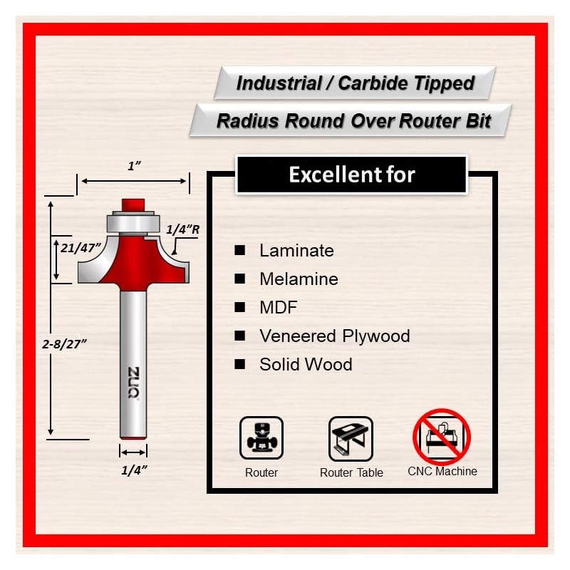 ZUQ 1/4" Radius Round Over Router bit, Precision Carbide Tipped