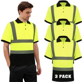 YZC·Motivation High Visibility Polo Safety T Shirt with Reflective Strips Construction Work Shirts Black Bottom Fast Dry Neon Color 3Pack M