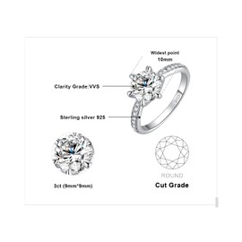 JewelryPalace Classic 9mm 3ct Moissanite Solitaire Engagement Rings for Women, 925 Sterling Silver Promise Ring for Her, Round Cut Simulated Diamond Anniversary Wedding Rings D-F VVS Size 5