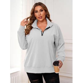Chulianyouhuo Women Plus Size Oversized Sweatshirt Ribbed Corduroy Half Zip Pullover Tops Casual Long Sleeve Hoodies Clothes Grey