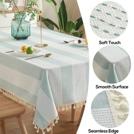 AmHoo Stitching Tassel Tablecloth Striped Table Cloth Rectangle Cotton Linen Dust-Proof Table Cover for Kitchen Dinning 54 x 102 Inch Teal