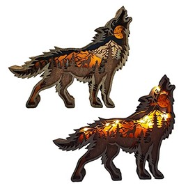MEETOZ Creative Wolf Decoration Wolf Statue Desktop Decoration Lights, Wooden Animals Crafts,Christmas Decoration