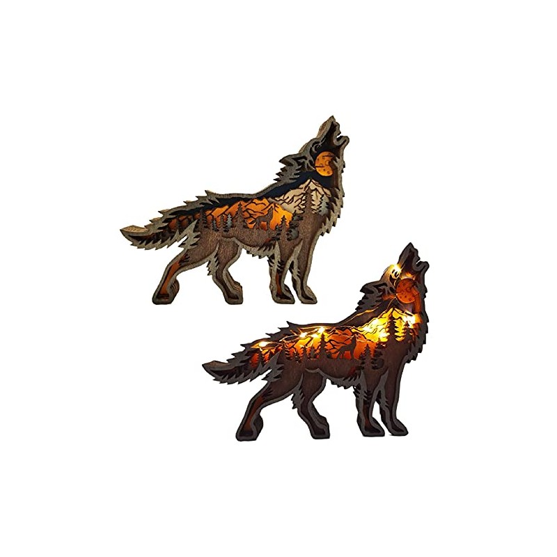 MEETOZ Creative Wolf Decoration Wolf Statue Desktop Decoration Lights, Wooden