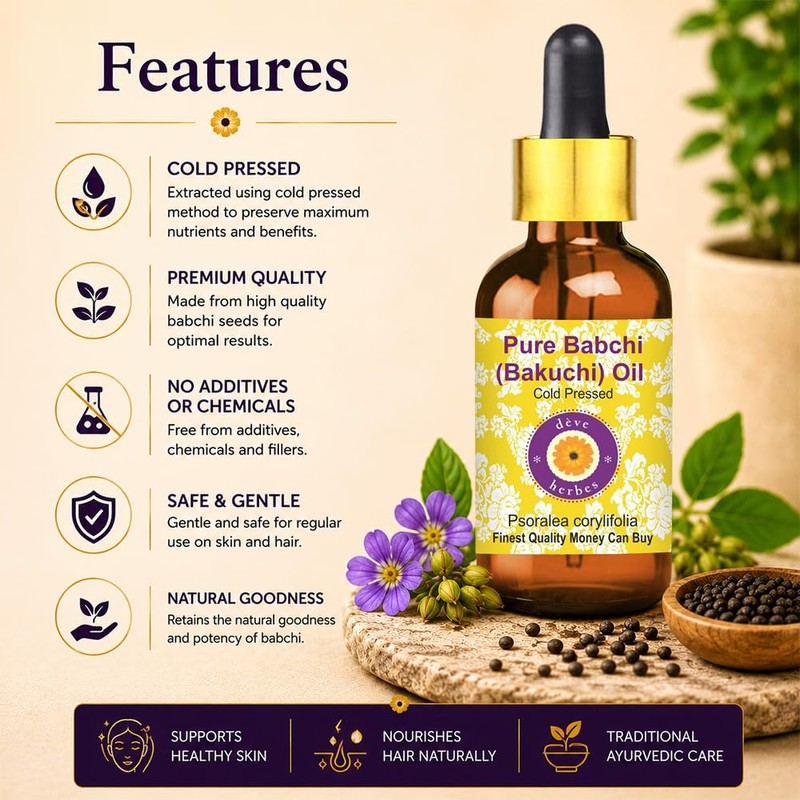 Deve Herbes Pure Babchi Oil (Psoralea corylifolia) with Glass Dropper