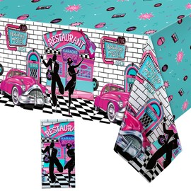 Tiamon 1 Pcs 50s Tablecloth 50's Gifts Decorations Rock and Roll Party Table Cover Large 1950's Plastic Tablecloth Back to 50's Rocking Party Supplies for Music Birthday Anniversary