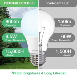 DEGNJU LED Light Bulbs, 60 Watt Equivalent LED Bulbs A19, 5000K Warm White, 800 Lumens, E26 Standard Base, Non-Dimmable, 8.5W Warm White LED Bulbs for Bedroom Living Room, 12 Pack