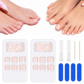 FAMIDIQGO Pack of 48 French Toenails for Gluing, Full Cover Acrylic Toe Nail Tips, Fake Nails, Tips with Glue for Women, Girls, Nail Decoration